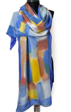 Luxury art scarf. Abstract silk scarf, or shawl. Beautiful long 100% silk scarf. Abstract HAND PAINTED silk shawl. Luxury gift for your mother, sister or wife.  Every scarf is one of kind. Hand painted silk by GABYGA Every purchase scarf or shawl wrapped with care size: 18'/72' or 50/180 cm long The scarf is a canvas to me. The art of silk painting is very similar to working with quarreler. The beauty of the silk and the process of painting on it gives me enormous pleasure and brings a feel of s Artistic Blue Silk Scarves, Elegant Yellow Silk Shawl, Artistic Blue Silk Scarf, Contemporary Multicolor Silk Scarf, Artistic Silk Shawl Scarf As Gift, Yellow Silk Scarves For Gifts, Artistic Silk Shawl Scarf, Artistic Multicolor Silk Shawl, Multicolor Silk Shawl Scarf