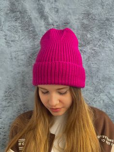 "Pink hat Neon pink beanie Lightweight and super soft hat knitted from merino wool in two yarns  Yarn manufacturer: Lana Gatto You can choose the pattern: plain, 1x1 rib, 2x2 rib. Temperature range: down to -15 degrees   Hat - Adult medium size - 22\" (56cm). ▬ SIZE AND FITS FOR. - 52-54 cm (20.47-21.25 inches) - 54-56 cm (21.25-22.04 inches) - 56-58 cm (22.04-22.83 inches) Custom sizes available upon request You can order it in any other size or color with different stripes  Various colors are in the attached file. Color as pictured on request. On order within 7-14 days. ▬ Material: 100% merino wool. ▬ CARE ▬ Hand wash or delicate wash only at 30o with shampoo, dry on a flat surface. All items are pre-washed. ▬ DELIVERY - Gift wrap 1-3 business days for delivery Express shipments availabl Pink Knitted Hat, Degree Hat, Pink Beanie, Soft Hats, Pink Beanies, Knitted Beanie, Hat For Women, Pink Hat, Knitted Hat