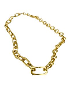 This versatile necklace offers three different looks in one stunning piece of jewelry. Crafted with a combination of two gold chains, including a gold paper clip chain and round rolo chain, it is finished with a connector clasps. The necklace measures approximately 17 inches in length and can be rotated to achieve three distinct styles. In the first look, you can showcase the bold statement necklace by wearing it with the gold paper clip chain prominently displayed. The unique and contemporary d Everyday Toggle Link Chain Necklace, Gold Chain Link Necklaces For Layering, Gold Rolo Chain Link Necklace, Formal Toggle Necklace With Cable Chain, Everyday Rolo Chain Link Necklace, Formal Toggle Cable Chain Necklace, Gold Toggle Necklace With Paperclip Chain, Chic Gold Toggle Necklace With Paperclip Chain, Gold Chic Toggle Necklace With Paperclip Chain