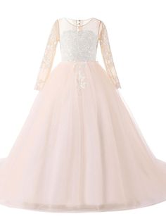 Silhouette Ball Gown Neckline Jewel Hemline/Train With Train Back Details Wedding Dress Functional Buttons Fabric Tulle Embellishment Lace Sleeve Length Long Sleeve Fully Lined Yes Season Spring, Summer, Fall, Winter Weight 0.5kg SKU:FS9287 Long Sleeve Tulle Dress For Confirmation, White Princess Dress For Prom Season, Princess Style Long Sleeve Tulle Ball Gown, Princess Style Long Sleeve Pageant Dress, Spring Long Sleeve Tutu Dress For Pageant, White Princess Tutu Dress For Prom, Long Sleeve Tulle Princess Dress For First Communion, Long Sleeve Princess Style First Communion Dress, Pink Fitted Dress For Confirmation