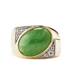 A classic Gent's Jade and diamond ring featuring a slightly mottled semi-translucent green cabochon measuring 15.7 x 11.5 x 6.1mm. The diamonds are G-H/ VS-SI quality and weigh 0.16 carats. The ring is 18K yellow gold and is currently finger size 8 3/4 Jade Wedding Ring, Jade Wedding, Wedding Rings For Men, Mens Wedding Ring, Gents Ring, Mens Gemstone Rings, Luxury Vehicles, Asian Jewelry, Gem Ring