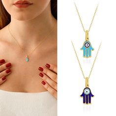 "◖ A B O U T ◗ The hamsa is an ancient Middle Eastern symbol that holds a variety of meanings across cultures. Nevertheless, it is regarded in all faiths as a protective talisman that brings good fortune, health and happiness. You will never want to take off this minimalist necklace. Enamel art made with pure gold and handcrafted work will always preserve its color and will not fade. You can wear it in turquoise and dark blue with different colors on 2 sides. A minimalist gift for loved ones, fr Blue 14k Gold Necklace With Charms, Symbolic Blue 14k Gold Jewelry, Symbolic Blue Necklaces With Charms, Symbolic Blue Jewelry As Gift, Blue Gemstone Symbolic Necklace, Symbolic Blue Gemstone Necklaces, Blue Charms Jewelry Gift, Symbolic Blue Jewelry For Gifts, Symbolic Blue Gemstone Necklace