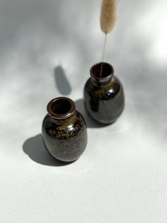 two black vases sitting on top of a white table next to a brown feather