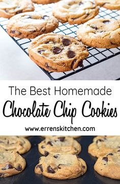 the best homemade chocolate chip cookies are on a cooling rack and in front of them