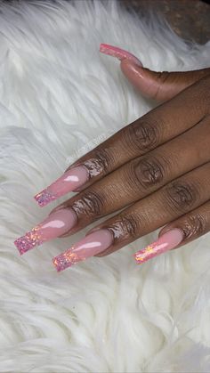 Pink Encapsulated Nails Glitter, 23rd Birthday Nail Ideas, Birthday Nail Ideas Acrylic Medium, Pink Sugar Nails, 23rd Birthday Nails, Pink Chrome Nails Designs, Fancy Pink Nails, White Tip Acrylic Nails