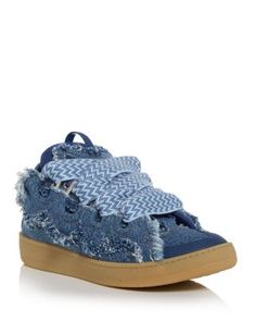 Lanvin Men's Curbed Frayed Denim Low Top Sneakers Lanvin Curb Sneakers, Lanvin Sneakers, Lanvin Men, Jeanne Lanvin, Denim Sneakers, Mule Sneakers, Watch Trends, Denim Skirt Women, Frayed Denim