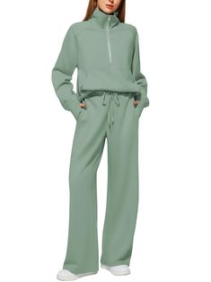 PRICES MAY VARY. 【Cozy Fabric】This sweatsuit set boasts a soft, stretchy, and free-feeling material that's silky to the touch and comfy to wear. The 2 piece loungewear set offers both style and warmth, making it the perfect outfit for your outings. Stay fashionable and snug all season. 【Chic Design】This lounge tracksuit comprises a half-zip sweatshirt and high-waist wide-leg sweatpants. With ribbed cuffs, a v-neck, drop shoulder, long sleeves with thumbholes design, and spacious pockets, it crea Half Zipper Sweatshirt, Lounge Wear Sets, Sweatpants Outfits, Zipper Sweatshirt, Comfy Jumpsuits, Casual Activewear, Half Zip Sweatshirt, Activewear Sets, Sweatpants Set