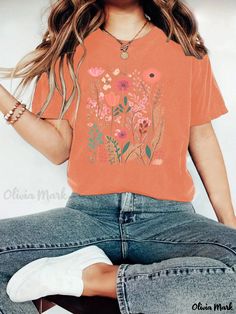 Olivia Mark - Fashionable Casual Short-Sleeved Shirt with Plant Floral Print and Round Neck Design Round Neck Design, Casual Heels, Tops Fall, Terry Cloth, Types Of Collars, Neck Designs, Casual Shorts, Types Of Sleeves, Round Neck