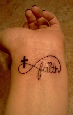 a small wrist tattoo with the word faith in cursive font and a cross on it