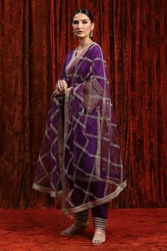 Purple kurta with gota, dori and badla embroidered placket and cuffs. Paired with a pant with gota embroidered panels and chequered pattern dupatta. - Aza Fashions Designer Chanderi Dupatta For Festive Occasions, Designer Zari Work Dupatta For Navratri, Designer Dupatta For Diwali, Designer Traditional Drape Dupatta, Designer Dupatta For Navratri Festival, Designer Festive Dupatta, Designer Unstitched Dupatta For Eid, Designer Dupatta With Traditional Drape, Designer Zari Work Dupatta