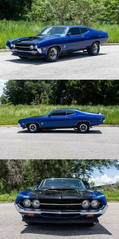 three different cars are shown side by side in the same photo, one blue and one black