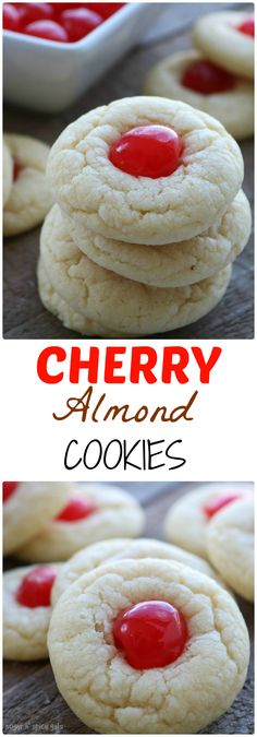 cherry almond cookies stacked on top of each other with the words cherry almond cookies above them