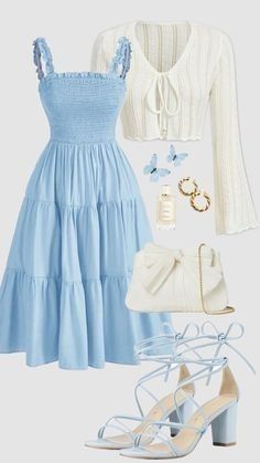 Blue Modest Outfit, Blue Coquette Outfit, Modest Fashion Summer, Winter Outfits Dinner, Outfit Ideas For School Fall, Cute Outfits Winter, Summer Outfits Baddie, Outfit Knit, Modest Girly Outfits