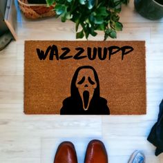 Scream- Wazzuupp - The Minted Grove Painted Coir Doormat, Painting Rugs Diy Outdoor, Diy Halloween Doormat Stencil, Spooky Doormat Diy, Halloween Doormat Painting, Paint Your Own Doormat, Halloween Rug Painting Ideas, Diy Outdoor Mat, Diy Fall Doormat