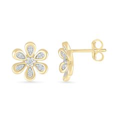 Embrace the beauty of nature with our diamond forget me not flower earrings that feature a gold bezel. Crafted from solid 10k yellow gold, they feature 0.10 carats of dazzling diamonds set into a dainty flower design. Fine Jewelry Diamond Earrings With Flower Shape, Classic Diamond Earrings With Flower Accents, Flower-shaped Diamond Earrings, Fine Jewelry 14k Gold Diamond Earrings With Flower Shape, 14k Gold Flower Shaped Diamond Earrings, 14k Gold Diamond Earrings In Flower Shape, 14k Gold Diamond Earrings With Flower Shape, Anniversary Flower Diamond Earrings With Diamond Accents, Anniversary Yellow Gold Flower Earrings With Diamond Accents