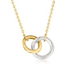 Ross-Simons - 14kt Two-Tone Gold Interlocking Double Circle Necklace. 18". Experience the ease of versatility with this sleek minimalist design. An elegant pair of open circles shine in polished 14kt yellow and white gold, stationed on a 14kt yellow gold cable chain. Includes a 2" extender. Lobster clasp, 14kt two-tone gold double circle necklace. Double Circle Necklace, Fine Jewelery, Circle Necklace, Fine Jewellery Necklace, Tag Necklace, Chains Jewelry, Cable Chain, Lobster Clasp, Minimalist Design