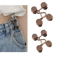 four pairs of jeans with buttons attached to the back of each pair, and an image of