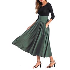 Green High Waisted Swing A-line Maxi Skirt A-line Pleated Skirt With Pockets, Stretch A-line Skirt In Solid Color, Chic Green A-line Maxi Skirt, Green A-line Maxi Skirt For Spring, Elegant Green A-line Maxi Skirt, Fitted A-line Maxi Skirt With Gathered Detail, Chic A-line Maxi Skirt In Solid Color, Flowy Skirt Dress In Solid Color, Stretch Flared Maxi Skirt In Solid Color