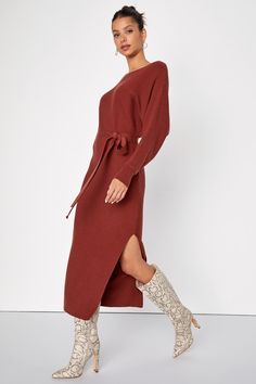 The Lulus Cozy Captivation Rust Ribbed Dolman Sleeve Midi Sweater Dress is perfect for looking a little extra flirty while sitting fireside this season! Stretchy, ribbed sweater knit shapes a flattering boat neckline and dolman-style sleeves with fitted cuffs. A matching tying sash cinches at the waist of the figure-flaunting bodycon silhouette, that falls to a midi hem with side seam slits. Fit: This garment fits true to size. Length: Mid-calf length. Size medium measures 48" from shoulder to h Cozy Fall Loungewear Dresses, Cozy Loungewear Dresses For Fall, Sweater Midi Dress, Midi Sweater Dress, Lulu Fashion, Sweater Dress Midi, Boat Neckline, Sweater Knit, Ribbed Sweater