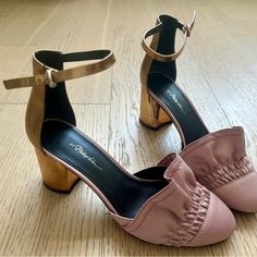 These 3.1 Phillip Lim Pink And Gold Ruffle Heels Are In Perfect Conditions. They Were Worn 1 Time And Have No Scratches / Tears, Looking Brand New. Size Eu 37. Pink Heels With Ankle Strap And Stacked Heel, Pink Heels With Stacked Heel And Ankle Strap, Chic Pink High Heel Court Shoes, Chic Pink Heels With Stacked Heel, Elegant Pink Heels With Stacked Heel, Pink Block Heel Shoes With Medium Width, Pink Block Heel Court Shoes For Summer, Pink Block Heel Court Shoes For Spring, Pink Block Heel Heels Medium Width