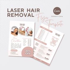 the flyer for laser hair removal is shown in pink and white colors, with an image of