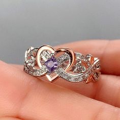 Amethyst Birthstone Ring, Rose Flower Design, Amethyst Birthstone, Heart Rings, Amethyst Heart, Heart Crystal, Romantic Roses, Zircon Ring, Crystal Stones