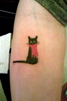 a black cat with a red shirt on it's leg