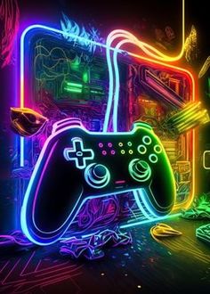 neon colored video game controllers in front of a wall with neon lights and artwork on it