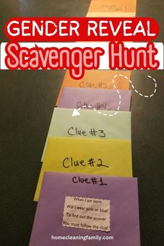 a row of paper with the words gender reveal scavenger hunt written on it