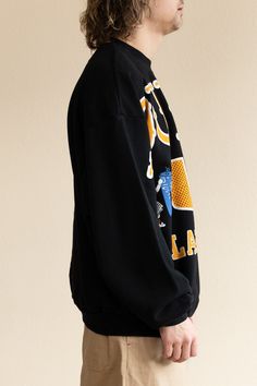 An oversized silhouette, fleece-back cotton sweatshirt inspired by vintage collegiate crews. This super comfortable silhouette is one size fits all and are super comfortable. One size fits most. Model is 5'9, 145lbs. 100% Cotton Fleece Oversized Silhouette Rib Knit Cuff, Collar, and Hem Made in Japan Oversized Long Sleeve Hoodie For College, Oversized Winter College Sweatshirt, Urban Style Oversized Sports Sweats, Urban Oversized Sweats For Sports, Oversized Urban Sweats For Sports, Black Varsity Sweater For College, Urban Oversized Sweatshirt With Ribbed Cuffs, Graphic Print Sweater For Streetwear And Sports Season, Graphic Print Sweater For Streetwear