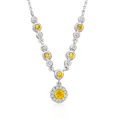 Ross-Simons - 1.10ct t. w. Yellow Sapphire, .30ct t. w. Diamond Necklace. 18.5". Perfect for November-born beauties, this diamond and citrine necklace will become a signature part of your special-event attire. Bright with 1.10 ct. t. w. round yellow sapphires and sparkling with .30 ct. t. w. round brilliant-cut diamonds. Finely crafted in polished 14kt white gold with milgrain details. Cable chain. Lobster clasp, diamond and citrine necklace. White Gold Necklaces With Center Stone For Anniversary, Anniversary Cubic Zirconia Necklace With Center Stone, Cubic Zirconia Round Cut Necklace With Center Stone, Diamond Necklace With Center Stone In Fine Jewelry Style, Fine Jewelry Diamond Necklace With Center Stone, Formal Yellow Necklace With Brilliant Cut, Anniversary Necklace With Round Center Stone, Yellow Diamond Fine Jewelry Necklace, Yellow Diamond Necklace In Fine Jewelry Style