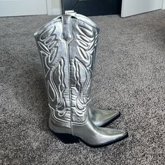 Tall Chrome/Metallic Boots. Never Worn. Size 38 Which Is 7.5. I’m A Size 8 With Narrow Foot And They Fit. Heel Is 3” Silver Casual Boots With Pointed Toe, Silver Pointed Toe Boots For Spring, Silver Cowboy Boots, Square Toed Boots, Metallic Boots, Half Boots, Shoes Silver, High Leather Boots, Bootie Sandals