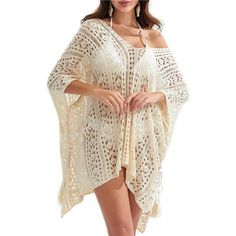 One Size: Suitable For S/M/L/Xl (2-14), Length: 30". This Hollow Out Cover Up Design V-Neck, Drawstring On The Two Sides, Hem Side Split, Sheer Mesh, The Length Above The Knee, Short Sleeve, Knit Crochet Swimsuit, Sheer Beach Cover Up. You Can Easily Adjust The Drawstring Design On The Two Sides To Your Desired Height, Giving You The Option To Choose A Tighter Or More Draped Look. This Beach Cover Up Made Of Polyester & Acrylic. Soft And Comfortable.The Beach Cover Up Keeps You Cool On Hot Summe Summer V-neck Open Knit Cover-up, V-neck Crochet Lace Dress For Beach Cover-up, Beige V-neck Crochet Beach Dress, Summer Crochet Dress With V-neck And Lace, Summer Crochet Dress With V-neck And Crochet Lace, Summer Crochet Dress With Lace And V-neck, Summer V-neck Crochet Dress With Crochet Trim, Crochet Lace V-neck Dress For Beach Cover-up, Summer Crochet Dress With V-neck Trim