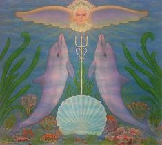 two dolphins with angel wings and a shell in front of the ocean, surrounded by corals