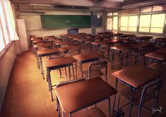 an empty classroom filled with wooden desks and brown chairs, in front of a chalkboard