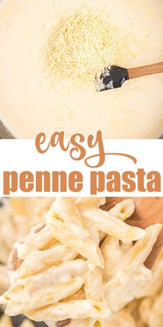 pasta being cooked in a pan with the words easy penne pasta above it and below