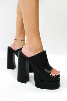 - True to size - Black Platform Heels - Tall Chunky Mules, Black Platform Heels, Platform Block Heels, Black Platform, It Girl, Platform Heels, Block Heels, Black Leather, Heels