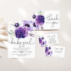 wedding stationery with purple flowers and thank you notes