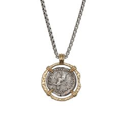 Item Description: Authentic Roman Coin encased in Pendant with Signature Rounded Box Chain. Pendant and chain available in solid 925 silver or solid 18K gold. Authentic Coin Details: Coin Type & Age: Silver Denarius, 161-180 ADEmperor: Marcus AureliusDiameter/Weight: 17.5 - 18.5 mm / 3 - 3.8 gFront/Back: Portrait of Emperor / Mythological & Military Themes The Stoic philosopher-king whose journal, Meditations, is regarded as a philosophical masterpiece. Meditations is a window into a man's menta Silver Brass Necklaces Fine Jewelry, Silver Brass Fine Jewelry Necklace, Antique Yellow Gold Jewelry With Hammered Details, Antique Hammered Yellow Gold Jewelry, Classic Brass Box Chain Jewelry, Timeless Gold Necklace For Collectors, Antique Gold Sterling Silver Coin Necklace, Antique Sterling Silver Gold Coin Necklace, Timeless Round Chain Necklace With Polished Finish