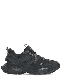 30mm Treaded rubber sole. Mesh and faux leather upper. Front and back pull loops. Rubber lace cage. Rope laces. Contrasting color details. Vintage effect may vary. Logo details. Embroidered details Balenciaga Track Black, Track Black, Balenciaga Women, Vintage Effect, Balenciaga Track, Mesh Sneakers, Embroidered Details, Black Sneakers, Heeled Loafers