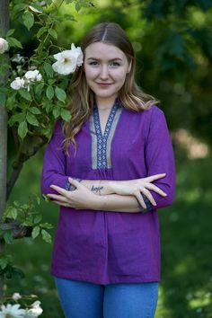 🌷 BORA Add a splash of colour to your wardrobe with our Bora Tunic in vibrating purple colour. Bora was created for a comfortable loose fit, and decorated with beautiful borders from South India. Sizings: Size S:   Shoulders 38cm - 14.9" Bust  96cm - 37.7" Length approx. 71cm - 29.5" Size M:   Shoulders 40cm - 15.7" Bust  100cm - 40" Length approx. 75cm - 29.5" Size L:   Shoulders 44cm - 17.3" Bust  106cm - 42" Length approx. 75cm - 29.5" Materials: Fabric: 100% Hand Block Printed Cotton  Care Summer Purple Cotton Kurta, Bohemian Purple Tunic For Spring, Purple Bohemian Tunic For Spring, Bohemian Summer Tops For Meditation, Purple Bohemian Tunic For Summer, Summer Long Sleeve Purple Kurta, Purple Bohemian Blouse For Vacation, Purple Bohemian Cotton Top, Long Sleeve Purple Kurta For Summer