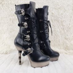 Brand New Pewter Chromed 5 1/2" (14cm) Finger Bone Heels & 1 1/2" (3.8cm) Platforms Adjustable Lace Up Calf High Boots Featuring Skull Buckle Straps Full Side Zipper Cushioned Insole Twf.Shoes Has Been A Authorized Demonia Dealer For Over 10 Years Punk High Heel Moto Boots With Reinforced Heel, Punk Moto Boots With High Heel And Reinforced Heel, Punk Moto Boots With Reinforced High Heel, Punk Moto Boots With Reinforced Heel, High Heel Leather Moto Boots For Alternative Fashion, Gothic Platform Boots With Pointed Toe, Gothic Leather Platform Boots For Party, Gothic Boots For Halloween Party, Gothic Leather Moto Boots With High Heel