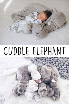 a baby sleeping on top of an elephant pillow next to the words cuddle elephant