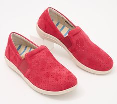 Bring vacay vibes to any given weekday with these gored suede slip-ons. A practical Full Contact Comfort® footbed helps you find your stride on surfaces of all sorts (boardwalks included). Plus, the perforated uppers make for a fresh nautical look with a striped sweater and denim crops. From Revitalign. Vacay Vibes, Nautical Looks, Perforated Leather, Striped Sweater, Thong Sandals, Leather Slip Ons, Slip Ons, Nautical, Fashion Shoes