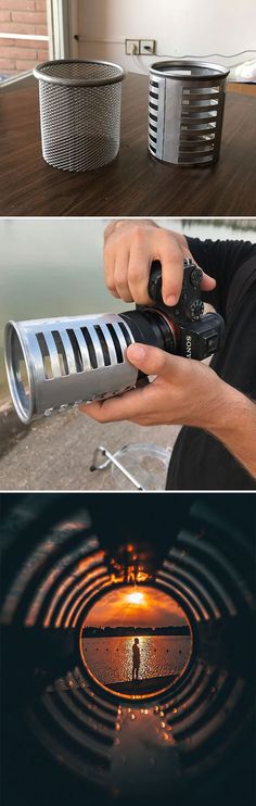 two different pictures with one person holding a camera and the other is looking at an object