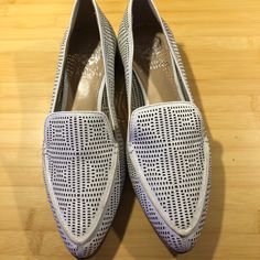 These Beautiful Loafers Have Never Been Worn. Perforated White Leather, With Leather Soles. Slip-on Flats With Brogue Detailing, Spring Pointed Toe Slip-on Moccasins, Spring Slip-on Loafers With Perforated Toe Box, Slip-on Pointed Toe Moccasins For Spring, Spring Slip-on Oxfords For Office, White Slip-on Loafers With Perforated Toe Box, Spring Office Synthetic Loafers, Spring Office Slip-on Oxfords, Spring Office Loafers Made Of Synthetic Material