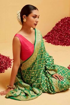 Green saree with bandhani, floral banarasi woven motifs in diamond pattern. Comes with running blouse piece. - Aza Fashions Sarees Banarasi, Diamond Weave, Green Saree, Banarasi Saree, Banarasi Sarees, Blouse Piece, Diamond Pattern, Aza Fashion, Blouses For Women