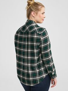 FIT Model is 5’9. 5” wearing size 1. . Measures 31” from shoulder (size 2). MATERIALS + CARE Softest Flannel woven fabric. . 85% rayon, 15% acrylic. Machine wash cold. Tumble dry low. Imported. DETAILS Collared neckline. Long sleeves. The best plus size women's lizzie softest flannel shirt long sleeve tops in space out plaid made of acrylic. Torrid is your destination for cozy fall and winter clothes to keep you warm and comfortable. Green Flannel Shirt For Workwear And Fall, Long Sleeve Flannel Tops For Work, Red Cami, Rayon Blouse, Vintage Flannel, Rayon Shirt, Black And White Shirt, Grey Plaid, Tops Fall