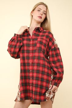 - Oversized contrast Plaid Casual Shirt Dress - Drop Shoulder - Long Sleeve - Button Down - Patch Pocket Red Oversized Collared Shirt, Casual Red Long Sleeve Shirt Dress, Oversized Red Button-up Shirt, Red Button-up Casual Shirt Dress, Red Button-up Shirt Dress Casual, Red Long Sleeve Shirt Dress With Buttons, Red Shirt With Button Cuffs For Fall, Casual Red Shirt Dress With Buttons, Red Collared Shirt Dress For Fall