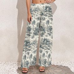 Elevate your summer wardrobe with these elegant Toile de Jouy Countryside Women's Wide Leg Pants. Made from 100% polyester, these pants offer a soft, breathable, and lightweight feel, perfect for casual summer days or lounging at home. The high waist design accentuates your waist and gives your legs a long, elegant look. Pair these wide-leg pants with short tops, shirts, or short sleeves for a versatile, fashionable outfit. Available in sizes XS to 6XL, these pants make a thoughtful gift for bir Printed Summer Loungewear Pants, Printed Wide-leg Summer Pants, Printed Wide-leg Pants For Summer, Printed Wide Leg Trousers For Summer, Non-stretch Printed Summer Pants, Printed Ankle-length Wide Leg Pants For Summer, Printed Bottoms For Summer Loungewear, Printed Ankle-length Pants For Vacation, Summer Printed Wide Leg Pants With Relaxed Fit